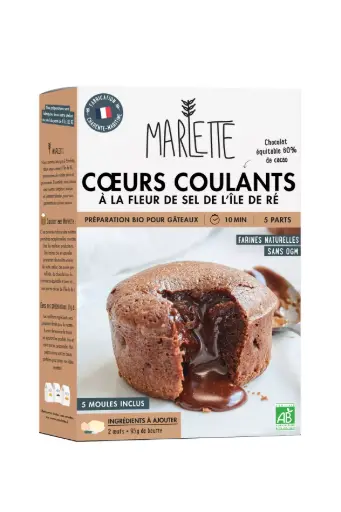 Marlette - Préparation pour gâteaux bio : Cœurs Coulants chocolat fleur de sel - 5 moules inclus - 230g